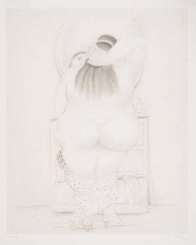 Fernando Botero offset lithograph of a nude woman seen from behind adjusting hair in front of mirror, signed and numbered, 1984