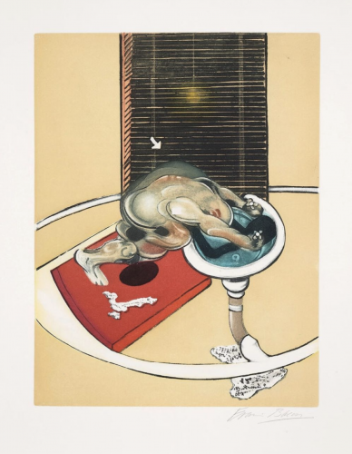 Francis Bacon L’Homme au Lavabo etching showing distorted nude figure over basin with red mat in clinical yellow room. 