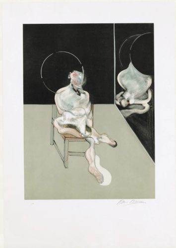 Francis Bacon Seated Figure etching showing distorted pale figure on chair before mirror with dark abstract background.  