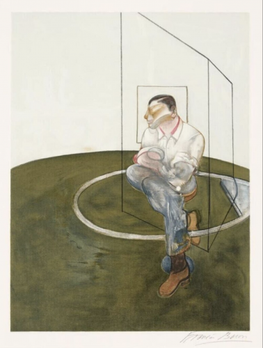 Francis Bacon Study for a Portrait of John Edwards lithograph showing distorted man seated in sparse space with green floor.