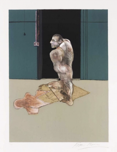 Francis Bacon Study for a Portrait of John Edwards lithograph showing kneeling man with twisted body against dark background