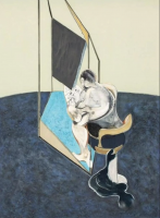 Francis Bacon Three Studies of Male Back lithograph showing distorted male figure seated in blue interior with geometric framing.