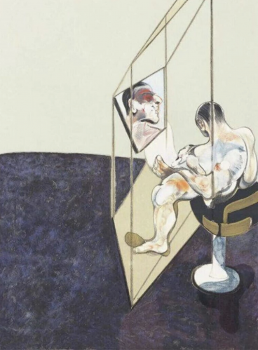 Francis Bacon Three Studies of Male Back lithograph showing seated male figure looking into mirror with distorted reflection. 