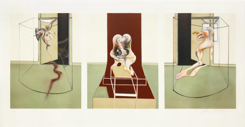 Francis Bacon Triptych Inspired by Oresteia of Aeschylus lithograph with distorted figures in three abstract enclosures. 