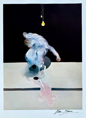 Francis Bacon Triptych March 1974 Centre Panel offset print with distorted nude figure crouching under hanging bulb on pale surface. Francis Bacon Triptych March 1974 Centre Panel offset print with distorted nude figure crouching under hanging bulb on pale surface.