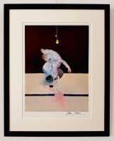 Francis Bacon Triptych March 1974 Centre Panel offset print with distorted nude figure crouching under hanging bulb on pale surface. Francis Bacon Triptych March 1974 Centre Panel offset print with distorted nude figure crouching under hanging bulb on pale surface.