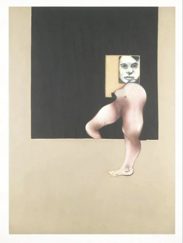Francis Bacon Tryptych aquatint showing distorted nude with photo face inset in black void on beige background.  