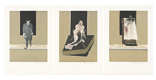 Francis Bacon Tryptych 1986/1987 etching with three panels: suited man, bound nude figure, and bloodstained cloth in dark voids.