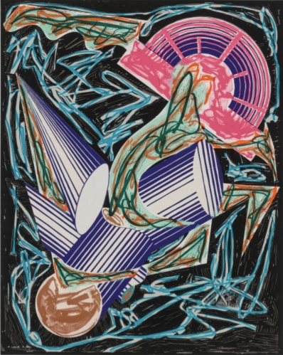 Frank Stella Had Gadya Front Cover print with bold abstract forms, neon colors, and geometric shapes on black background   