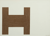 Frank Stella Pagosa Springs 1970 print of brown concentric linear double U shape on white background, minimalist composition.