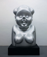 Gao Brothers' Miss Mao No.2 resin sculpture with exaggerated female form, distorted face, metallic finish, and surreal expression.