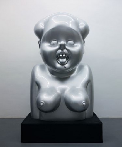 Gao Brothers' Miss Mao No.2 resin sculpture with exaggerated female form, distorted face, metallic finish, and surreal expression.