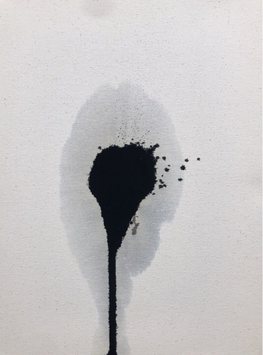 Gavin Turk Black Gold 2015 oil on canvas featuring a dark crude oil blotch with grey halo on white background.