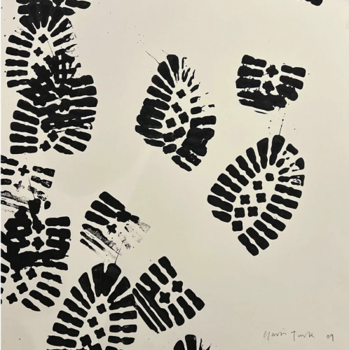 Gavin Turk Boot unique artwork with black acrylic boot prints on white paper, scattered in varied orientations and densities