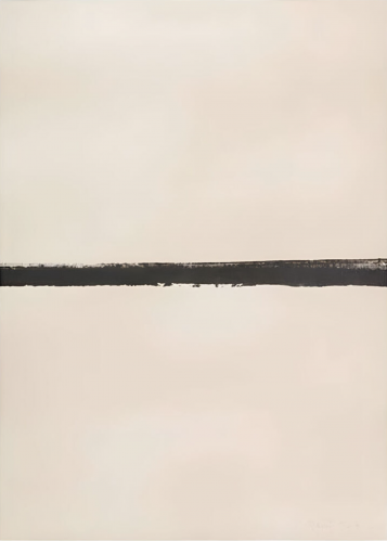 Gavin Turk Cycle Line screenprint showing a single thick black horizontal line across a pale beige background. 