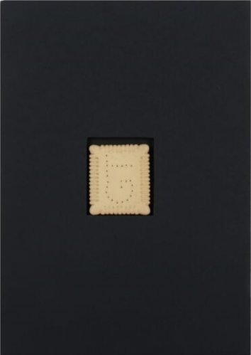 Gavin Turk GT Biscuit resin sculpture of a beige biscuit with perforated G, centered on a black background. 