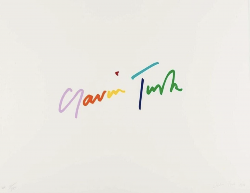 Gavin Turk Knob silkscreen print with multicolored handwritten signature on white background, playful and minimal in design.  