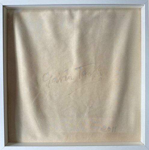 Gavin Turk Merlot Damask screenprint and wine on linen showing faint signature on textured fabric with light staining effect. 