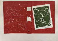 Georg Baselitz's Die Grosse, 1992 serigraph, two-panel with red background, abstract linear designs, and green fragmented figure on right.