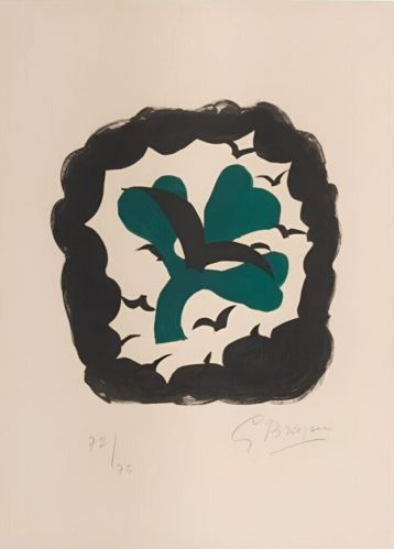 Georges Braque Le Trèfle color lithograph with green clover-like form and black birds within dark border on cream paper.