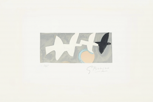 Georges Braque Quatre Oiseaux color lithograph with four stylized birds in flight on gray background, signed and numbered.