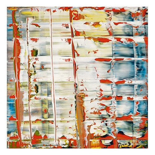 Gerhard Richter Abstraktes Bild hybrid print with scraped red, yellow, blue, and white layers forming a textured abstract grid