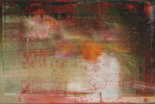 Gerhard Richter Bouquet chromogenic print with blurred red, green, and orange smears suggesting abstracted floral forms.