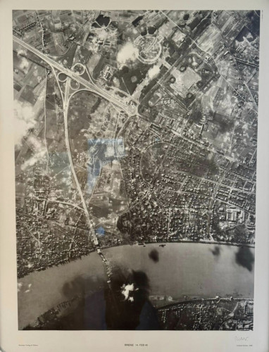 Gerhard Richter Bridge 14 FEB 45 offset print of aerial WWII photo showing Remagen bridge over Rhine River in monochrome detail. 