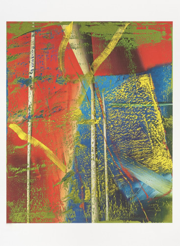 Gerhard Richter Juno hybrid print with vivid red, green, yellow, and blue layers scraped into energetic abstract texture and motion
