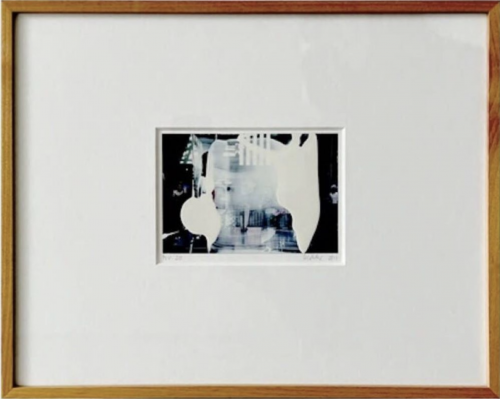 Gerhard Richter MV. 20 overpainted photo with abstract black and white lacquer partially obscuring urban background