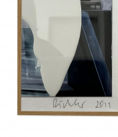 Gerhard Richter MV. 20 overpainted photo with abstract black and white lacquer partially obscuring urban background