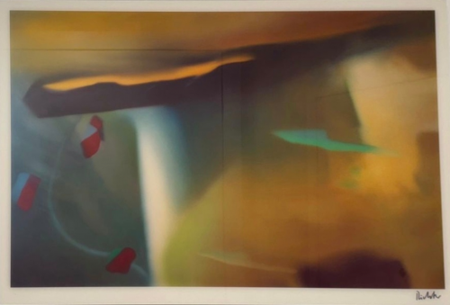 Gerhard Richter Offset of abstract painting print with blurred amber, teal, and red shapes in soft, layered color gradients.
