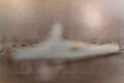 Gerhard Richter Picture 'Ship' offset print of blurred warship in soft brown and grey tones, evoking ambiguity and memory.