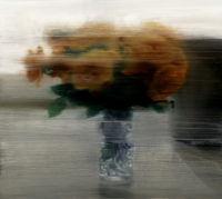 Gerhard Richter Roses — offset lithograph of blurred orange roses in a glass vase with painterly horizontal smears.