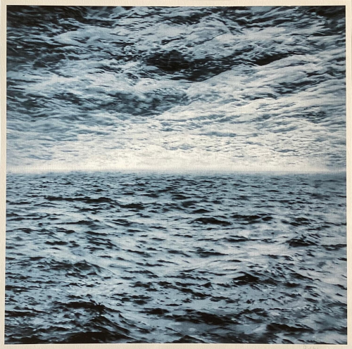 Gerhard Richter Seascape screenprint showing expansive ocean under textured clouded sky in soft blue-gray monochrome tones.