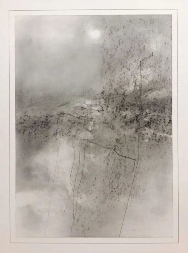 Gerhard Richter Sils offset print with graphite depicting misty abstract textures and faint hand-drawn lines suggesting landscape forms. 