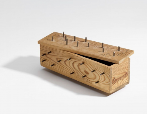 Günther Uecker Souvenir for Verheyen wooden box sculpture with protruding metal spikes on top and sides, edition of 18