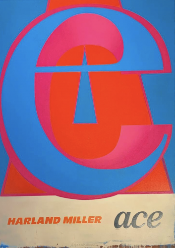 Harland Miller Ace 2019 etching with woodcut of bold blue red and pink letterform with text on cream background 