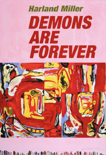 Harland Miller Demons Are Forever etching with bold red text on pink above abstract red, yellow, black, and white forms