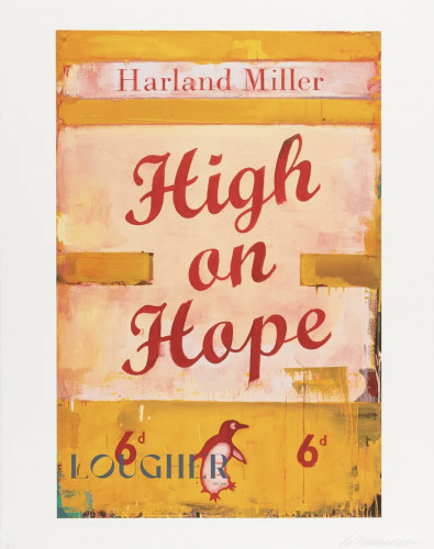 Harland Miller High on Hope 20-colour screenprint of vintage Penguin book cover in warm yellows, pinks, and reds 