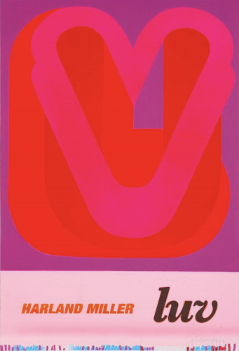 Harland Miller LUV 2023 woodcut with bold red and pink V shape on purple background, vintage-style text at bottom