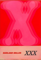 Harland Miller XXX silkscreen print with large pink abstract X on red background, referencing vintage book design.  
