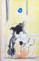 Helen Frankenthaler Madame de Pompadour lithograph; abstract fluid forms in yellow, black, and blue on a textured background.