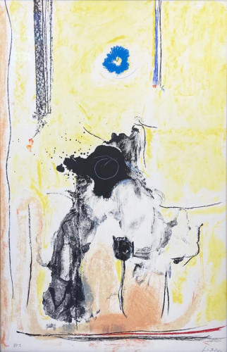 Helen Frankenthaler Madame de Pompadour lithograph; abstract fluid forms in yellow, black, and blue on a textured background.