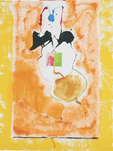 Helen Frankenthaler Solar Imp screenprint with orange, yellow, black, and colorful abstract shapes on white wove paper.