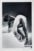 Helmut Newton St Jean Cap Ferrat 1978 photolithograph of woman in white skirt on stairs shot from below against dramatic sky