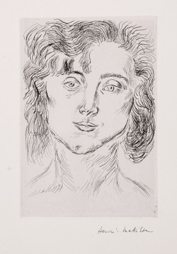 Henri Matisse etching of a woman's face with expressive linework, signed in black ink, from Cinquante Dessins, 1920