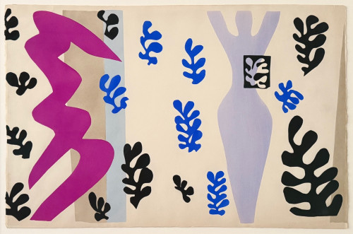 Henri Matisse Le lanceur de couteaux 1947 pochoir with abstract purple and pink figures among blue and black leaf shapes on tan background. Henri Matisse Le lanceur de couteaux 1947 pochoir with abstract purple and pink figures among blue and black leaf shapes on tan background.