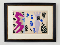 Henri Matisse Le lanceur de couteaux 1947 pochoir with abstract purple and pink figures among blue and black leaf shapes on tan background. Henri Matisse Le lanceur de couteaux 1947 pochoir with abstract purple and pink figures among blue and black leaf shapes on tan background.