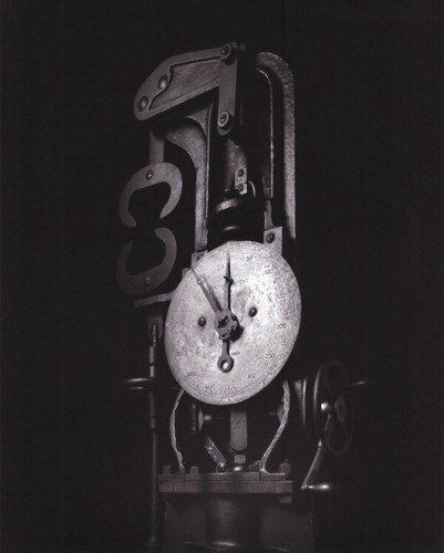 Hiroshi Sugimoto Mechanical Form 0046 2005 gelatin silver print of vintage material testing machine with dials and gears in shadow